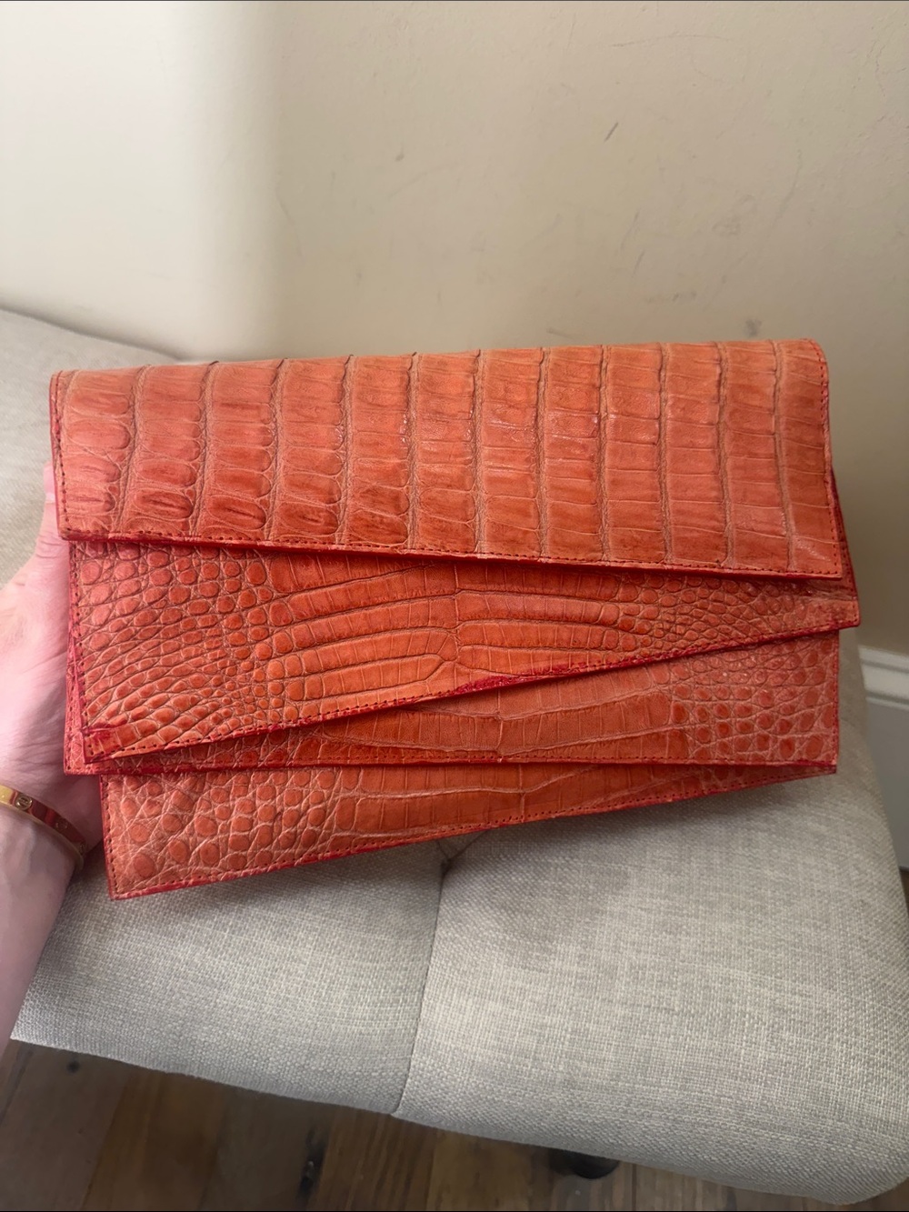 Women's Orange/Red Natural Croc Leather Envelope Clutch (opt to add crossbody)
